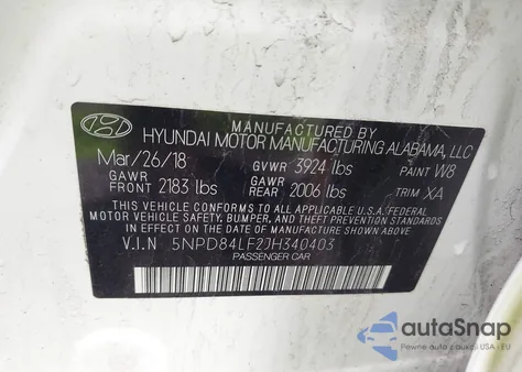2018 Hyundai Elantra Sel z USA, uszkodzony, nr VIN 5NPD84LF2JH340403